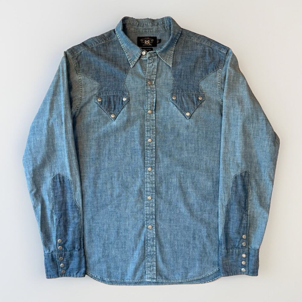 RRL Denim Snap Shirt Large Blue Western Workwear Cotton Chambray Ralph Lauren